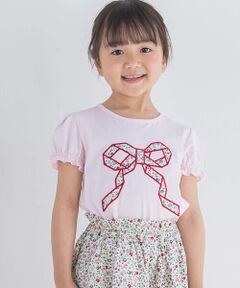 【お揃い】フラワーリボンパフスリーブTシャツ(90~150cm)