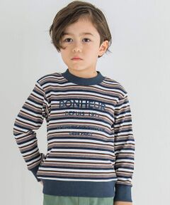 マルチボーダー柄のリブ素材を使用した男の子用長袖Tシャツ。<br>立体感のある光沢ラバーのロゴプリントと、ランダムボーダーがかっこいい1着です。<br><br>ネイビー系の落ち着いた印象の配色がコーデに秋らしいテイストをプラスしてくれます。<br>シンプルに1枚で着るのはもちろん、ダウンベストやシャツとのレイヤードスタイルもおすすめ。<br>お揃いの生地を使った女の子用ワンピース(1101-56015)を展開しているので、兄弟姉妹でのリンクコーデも楽しめます。<br><br>【8月BOY シーズンテーマ】<br>Aventurier -冒険家-<br>大自然を進み豊かで贅沢な時間を過ごす冒険家。<br>山や川など自然を連想させるカラーや柄でアウトドアなルックをBeBeらしく落とし込んだアイテムを提案します。<br><br>【2023 AW Collection】<br>Je veux devenir... -ジュ・ヴ・ドゥヴニール(わたしのなりたいもの)-<br><br>お気に入りの服を着ると、なりたい自分になれる。<br>上質でクラシカルなトラッドスタイルを自由な着こなしでアップデート。<br>私らしく進化した新しいスタンダード。<br>好きなものをいっぱい詰め込んで、“なりたい”をかなえるファッションを提案します。<br><br>【BeBe(べべ)】<br>"LOVE MODERN" 少しおませで、生意気なヨーロピアンカジュアルの提案。<br>時代性･流行性をとらえ、ベーシックでもワンポイントを施した遊び心、楽しさを盛り込んでいます。<br>シンプルだけど、こだわりのあるオリジナリティーを重視しています。