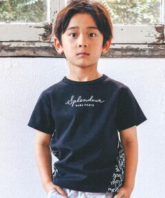 【お揃い】手書き風ロゴ総柄切り替えポンチTシャツ(80~150cm)