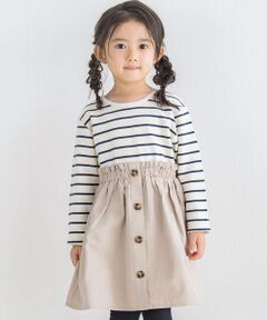 BeBe / べべ ミニ丈・ひざ丈ワンピース | ボーダーツイル切り替え長袖ワンピース(90~150cm)