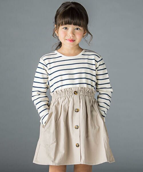 BeBe / べべ ミニ丈・ひざ丈ワンピース | ボーダーツイル切り替え長袖ワンピース(90~150cm) | 詳細5