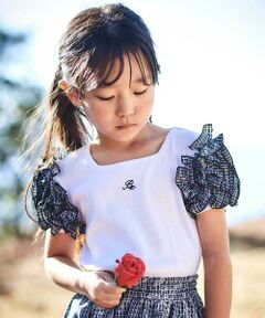 BeBe / べべ Tシャツ | 【お揃い】先染めチェックローズプリントフリルパフスリーブリブTシャツ(90~160cm)