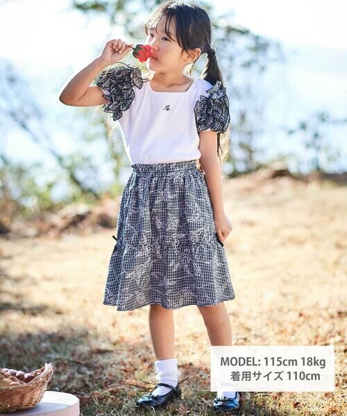 BeBe / べべ Tシャツ | 【お揃い】先染めチェックローズプリントフリルパフスリーブリブTシャツ(90~160cm) | 詳細1