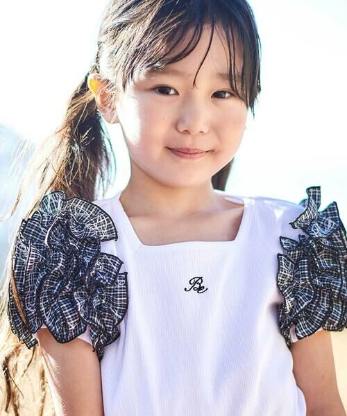 BeBe / べべ Tシャツ | 【お揃い】先染めチェックローズプリントフリルパフスリーブリブTシャツ(90~160cm) | 詳細2