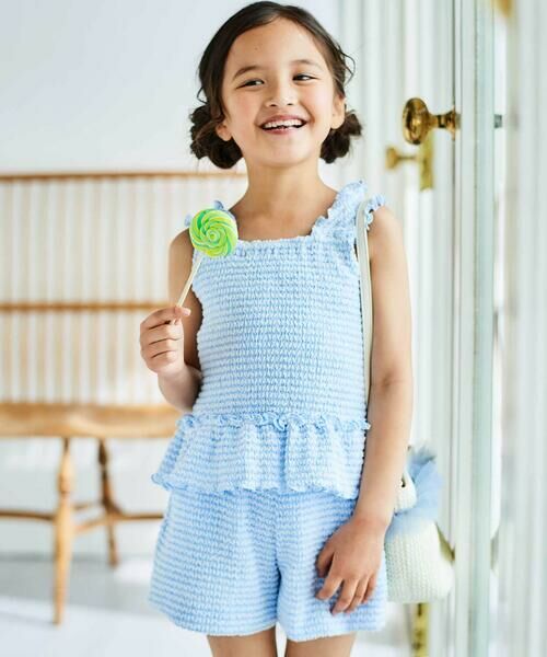 BeBe/べべ ぽこぽこシャーリングビスチェ+ショートパンツセットアップ(90~140cm) ブルー 90cm BeBe/べべ ぽこぽこシャーリングビスチェ+ショートパンツセットアップ(90~140cm) ブルー 90cm