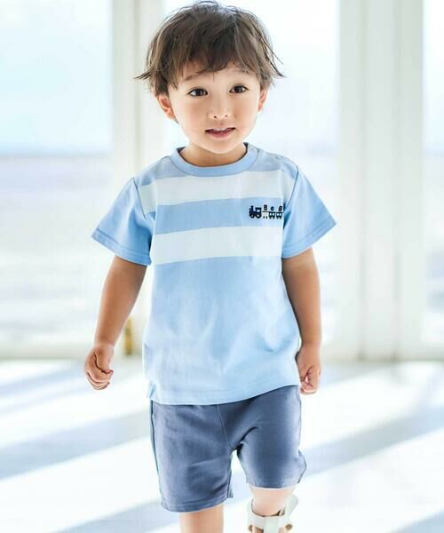BeBe/べべ ホワイトライントロッコロゴ刺しゅう天竺Tシャツ+パンツセット(80~90cm) ブルー 80cm BeBe/べべ ホワイトライントロッコロゴ刺しゅう天竺Tシャツ+パンツセット(80~90cm) ブルー 80cm