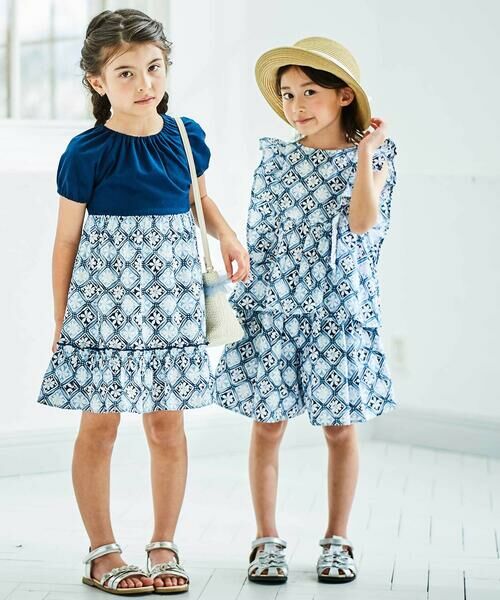 BeBe / べべ ミニ丈・ひざ丈ワンピース | 【お揃い】復刻アーカイブタイル柄切り替えパフスリーブワンピース(90~150cm) | 詳細3