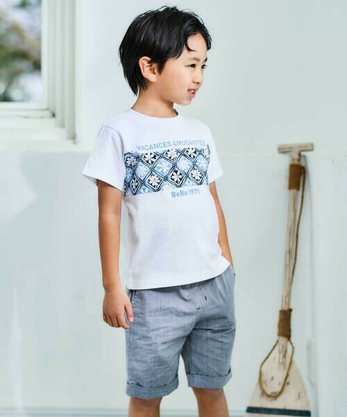 BeBe / べべ Tシャツ | 【お揃い】復刻アーカイブタイル柄ライン切り替え半袖天竺Tシャツ(90~150cm) | 詳細2