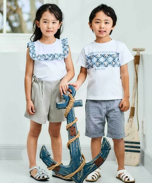 BeBe / べべ Tシャツ | 【お揃い】復刻アーカイブタイル柄ライン切り替え半袖天竺Tシャツ(90~150cm) | 詳細4