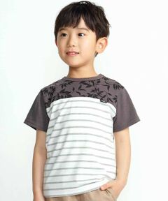 BeBe / べべ Tシャツ | リーフ柄ボーダー切り替え天竺半袖Tシャツ(90~150cm)