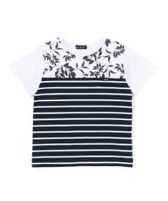 BeBe / べべ Tシャツ | リーフ柄ボーダー切り替え天竺半袖Tシャツ(90~150cm)