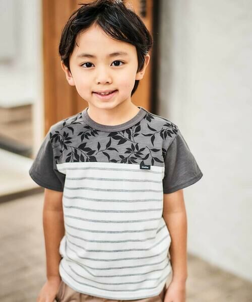 BeBe / べべ Tシャツ | リーフ柄ボーダー切り替え天竺半袖Tシャツ(90~150cm) | 詳細5