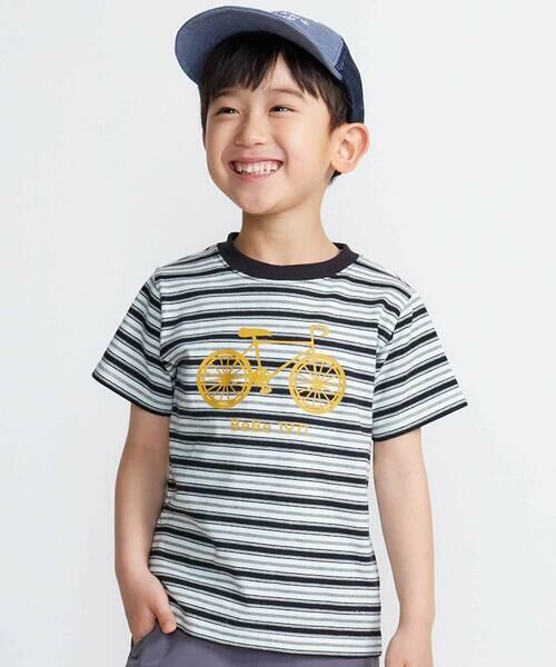 BeBe/べべ 自転車プリントマルチボーダー天竺半袖Tシャツ(90~160cm) ブラック系 110cm BeBe/べべ 自転車プリントマルチボーダー天竺半袖Tシャツ(90~160cm) ブラック系 110cm
