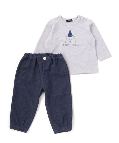 BeBe/べべ Oursプリント長袖Tシャツ+ストレッチデニムジョガーパンツ 2点セット(80~100cm) ネイビー 100cm BeBe/べべ Oursプリント長袖Tシャツ+ストレッチデニムジョガーパンツ 2点セット(80~100cm) ネイビー 100cm