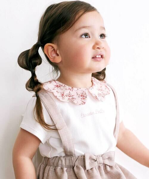 BeBe / べべ Tシャツ | 【お揃い】フラワープリントスカラップ襟半袖針抜きTシャツ(80~100cm) | 詳細3