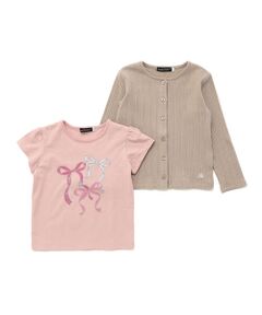 BeBe / べべ カーディガン・ボレロ | ランダムリブ長袖カーディガン+天竺リボンプリント半袖Tシャツセット(90~150cm)