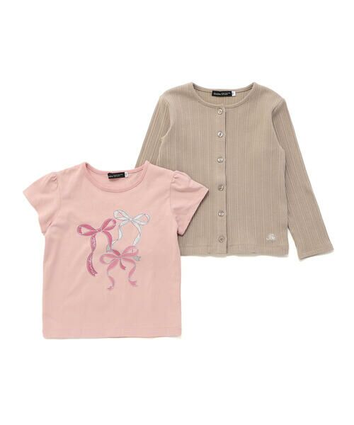BeBe/べべ ランダムリブ長袖カーディガン+天竺リボンプリント半袖Tシャツセット(90~150cm) ベージュ 110cm BeBe/べべ ランダムリブ長袖カーディガン+天竺リボンプリント半袖Tシャツセット(90~150cm) ベージュ 110cm