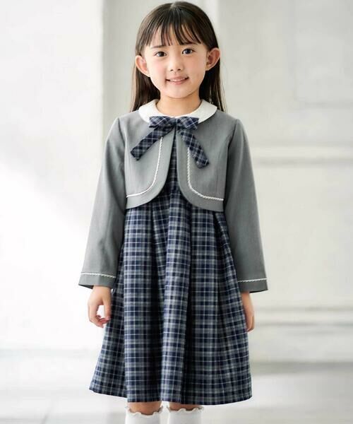 BeBe / べべ セットアップ | ボレロ+リボンタイ付きチェックワンピースセット(110~130cm)(ネイビー系)