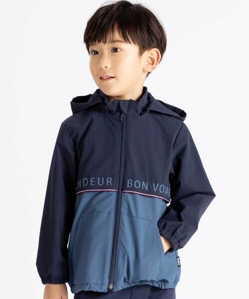 BeBe / べべ ブルゾン | 【撥水加工】リップストップフード付きバイカラーロゴブルゾン(90~150cm)（ネイビー）