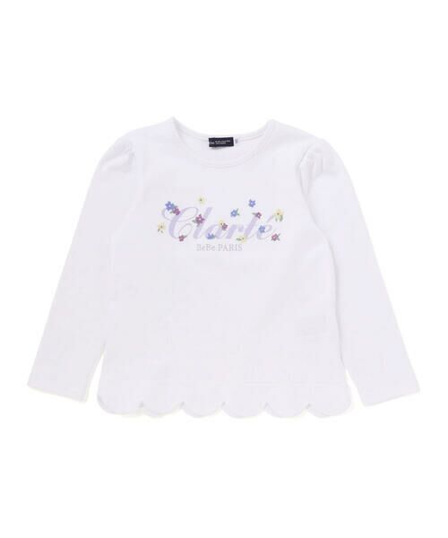 BeBe / べべ Tシャツ | フラワーロゴ刺しゅうスカラップスムース長袖Tシャツ(90~150cm)（ホワイト）