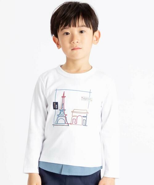 BeBe / べべ Tシャツ | エッフェル塔プリントレイヤード風スムース長袖Tシャツ(90~150cm)(ホワイト)