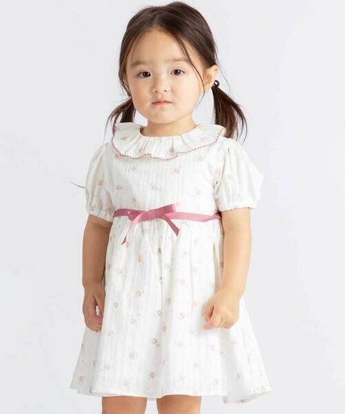 BeBe / べべ ミニ丈・ひざ丈ワンピース | 【お揃い】花柄フリルカラーパフスリーブワンピース(80~100cm)（ピンク系）