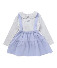 BeBe / べべ ミニ・ひざ丈スカート | 針抜き丸襟長袖ブラウス+サスペンダースカートセット(80~100cm)