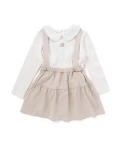 BeBe / べべ ミニ・ひざ丈スカート | 針抜き丸襟長袖ブラウス+サスペンダースカートセット(80~100cm)