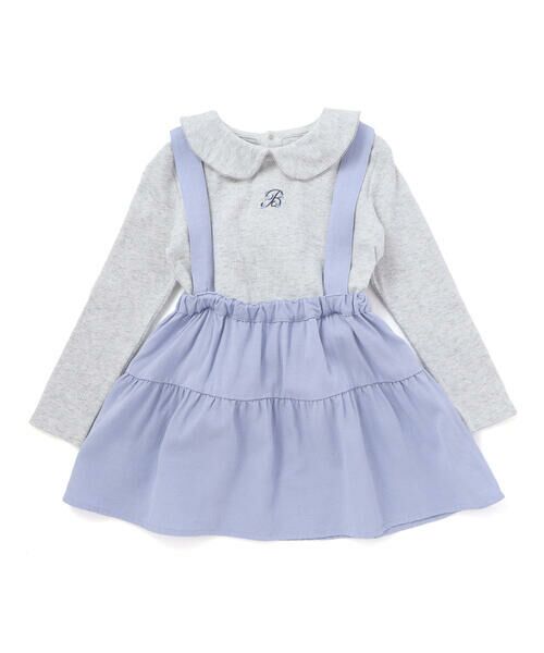 BeBe / べべ ミニ・ひざ丈スカート | 針抜き丸襟長袖ブラウス+サスペンダースカートセット(80~100cm) | 詳細1