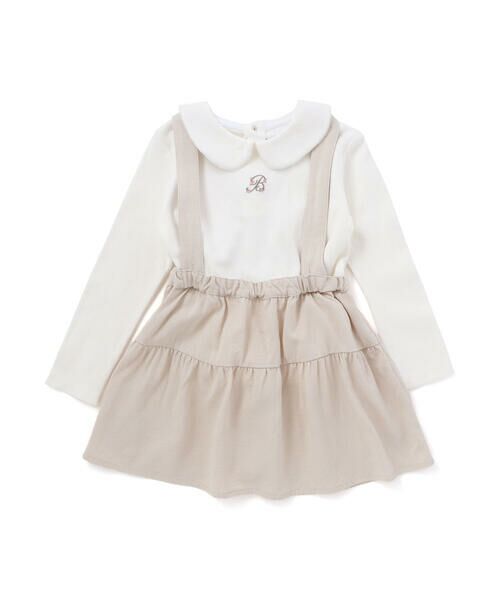 BeBe / べべ ミニ・ひざ丈スカート | 針抜き丸襟長袖ブラウス+サスペンダースカートセット(80~100cm)（ベージュ）