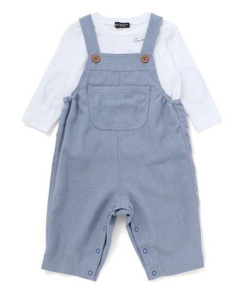 BeBe / べべ サロペット・オールインワン | スラブ天竺肘パッチ長袖Tシャツ+オーバーオールセット(80~90cm)（ブルー）