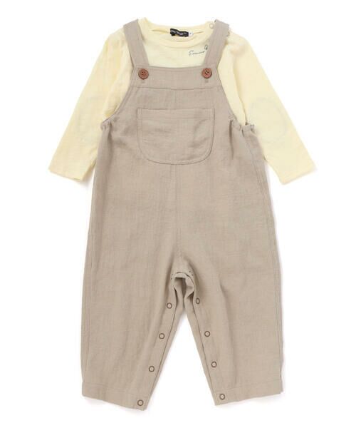 BeBe / べべ サロペット・オールインワン | スラブ天竺肘パッチ長袖Tシャツ+オーバーオールセット(80~90cm)（ブラウン）