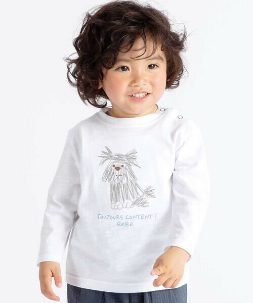 BeBe / べべ Tシャツ | スラブ天竺DOGプリント長袖Tシャツ(80~100cm)（ホワイト）