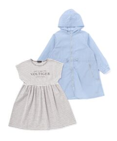 BeBe / べべ ナイロンジャケット | ボーダーギャザーワンピース+シアータフタロングパーカーセット(100~150cm)