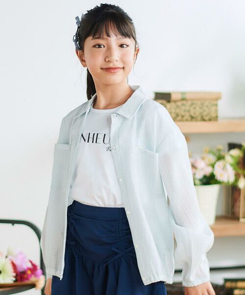 BeBe / べべ シャツ・ブラウス | シアーチェックオーバーシャツ+ロゴ半袖Tシャツセット(100~160cm)（ブルー）