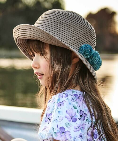 BeBe / べべ ハット | 【アジャスター付】【お揃い】ラフィアポンポンペーパーブレードハット(48~56cm)（ブラウン）