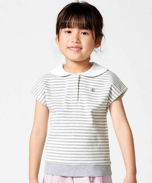 BeBe / べべ Tシャツ | セーラーカラーリブボーダーTシャツ(90~160cm)（グレー系）
