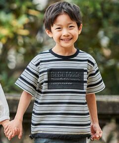 BeBe / べべ Tシャツ | ランダムボーダーエンボスロゴ半袖ドロストTシャツ(90~160cm)
