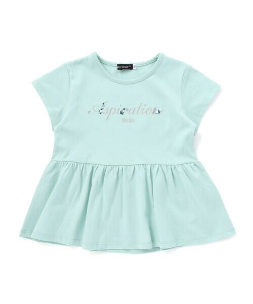 BeBe / べべ Tシャツ | ロゴ刺しゅうペプラムフリル天竺半袖Tシャツ(100~150cm)（グリーン）