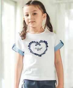 BeBe / べべ Tシャツ | ラベルロゴハートモチーフ袖切り替え天竺半袖Tシャツ(90~150cm)