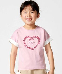 BeBe / べべ Tシャツ | ラベルロゴハートモチーフ袖切り替え天竺半袖Tシャツ(90~150cm)