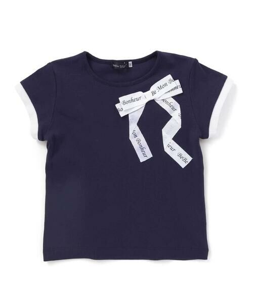 BeBe / べべ Tシャツ | グログランBIGリボンモチーフスムース半袖Tシャツ(80~160cm)（ネイビー）