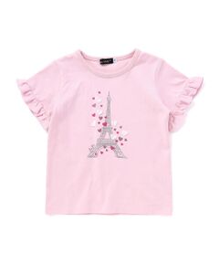 BeBe / べべ Tシャツ | 袖フリルエッフェル塔ハートモチーフ天竺半袖Tシャツ(80~150cm)