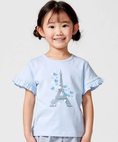 BeBe / べべ Tシャツ | 袖フリルエッフェル塔ハートモチーフ天竺半袖Tシャツ(80~150cm)（ブルー）