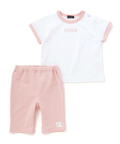 BeBe / べべ ベビー・キッズウエア | ロゴ刺しゅう半袖リンガーTシャツ+ボーダーリラックスパンツセット(80~90cm)（ピンク系）