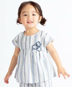 BeBe / べべ シャツ・ブラウス | 【お揃い】リネン調マルチストライプフラワーモチーフブラウス(80~100cm)