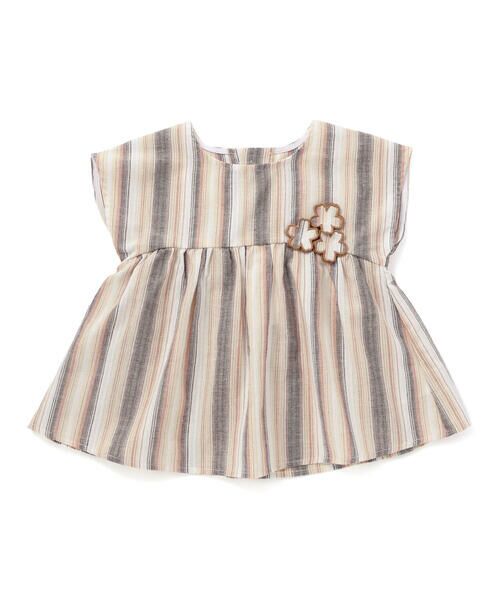 BeBe / べべ シャツ・ブラウス | 【お揃い】リネン調マルチストライプフラワーモチーフブラウス(80~100cm)（オレンジ系）