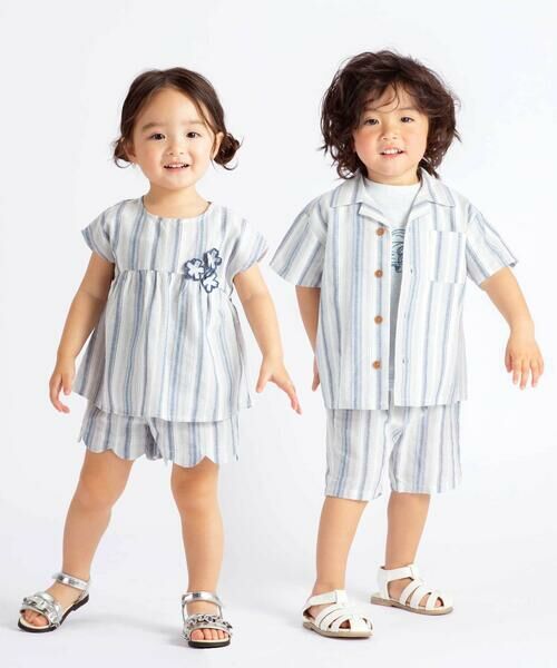 BeBe / べべ シャツ・ブラウス | 【お揃い】リネン調マルチストライプオープンカラー半袖シャツ(80~100cm) | 詳細3