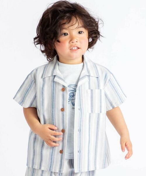 BeBe / べべ シャツ・ブラウス | 【お揃い】リネン調マルチストライプオープンカラー半袖シャツ(80~100cm)（ネイビー系）