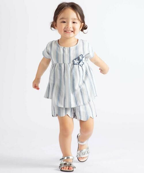 BeBe / べべ ショート・ハーフ・半端丈パンツ | 【お揃い】リネン調マルチストライプスカラップキュロットパンツ(80~100cm) | 詳細2